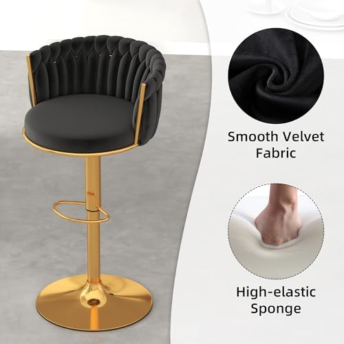 Gold Bar Stools Set of 4, Modern Adjustable Bar Height Barstools, Velvet Swivel Bar Chairs with Woven Backrest, Metal Footrest & Base, Upholstered Counter Stools for Kitchen Island, Black