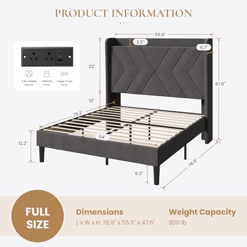 SHA CERLIN Full Size Bed Frame, Velvet Upholstered Platform Bed Frame with Wingback Storage Headboard & Charging Station, Geometric Tufted Design, No Box Spring Needed, Easy Assembly, Grey