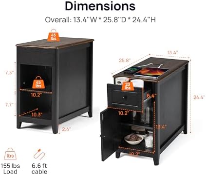 End Table with Charging Station, Side Table with Storage&Deep Drawer, Black