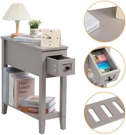 Grey 2 Pack Chairside Narrow End Table with Drawer, Solid Recliner Side Table with Storage Shelf, Slim Nightstand Bedside Table for Bedroom