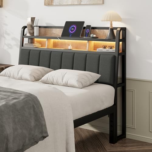 Full Headboard Only with Storage, Charging Station, Black & Brown
