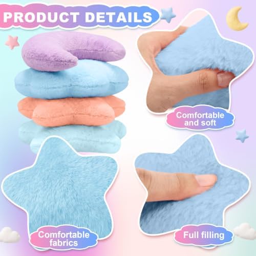 4 Pcs Plush Cloud Star Moon Throw Pillow Set, Purple, Blue, Mint, Orange