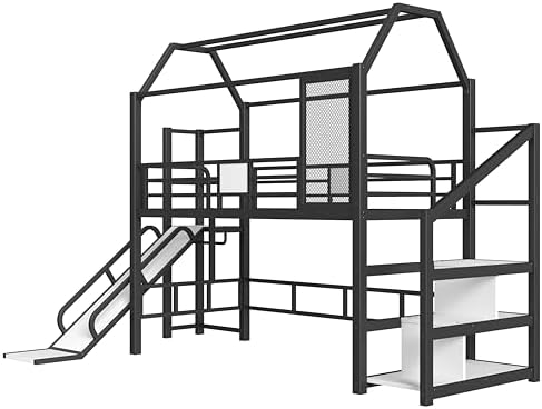 Bellemave Twin Size Metal House Loft Bed with Slide and Stairs,Heavy Duty Playhouse Loft Bed Frame with Storage Shelves for Kids,Teens,Adults,Black
