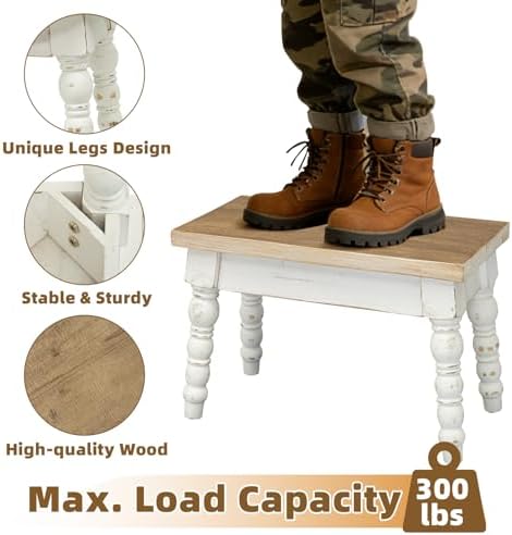 Rectangular Solid Wood Step Stool, Farmhouse Wooden Stool, Easy Assembly Narrow Step Stool for Kids, Indoor Plant Stand for Bathroom Kitchen, French Country Shabby Chic Decor