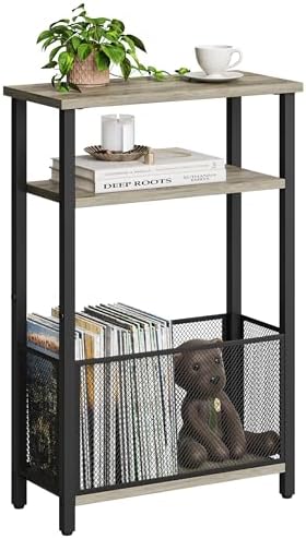 MMEOLUOOK Narrow Side Table with Storage Basket Skinny End Tables for Smalls Spaces 3 Tier Sofa Table Small Nightstand Slim Bedside Table for Living Room Bedroom Oak MLBZ22Q