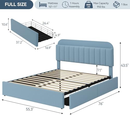 GarveeHome Full Bed Frame, Platform Bed with Storage Headboard & Drawers