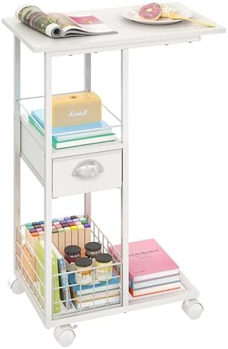 Rolling Side Table with Storage Drawer, White Bedside Table with Wheels, TV Tray for Sofa, Portable Desk on Wheels, Modern Night Stand, Overbed Table for Bedroom, C Shaped End Tables Living Room