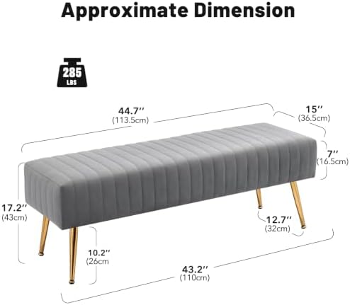 Furniliving 44 Inch Bedroom Benches, Upholstered Tufted Striped Fabric Ottoman Bench with X-Shaped Metal Legs for Living Room, Solid Wood Indoor Bench for Foyer (Grey)