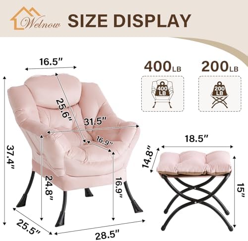Welnow Lazy Chair with Ottoman, Reading Chair with Footrest, Pink