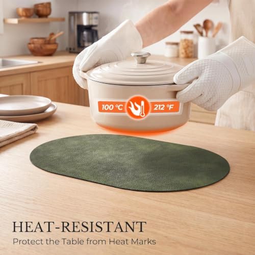 MOSAYT Vinyl Faux Leather Oval Placemats, Set of 4, Olive Green
