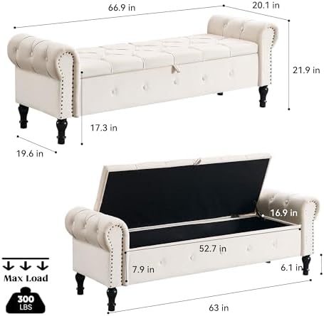 Storage Bench 67" Velvet End of Bed Benches Cream Beige