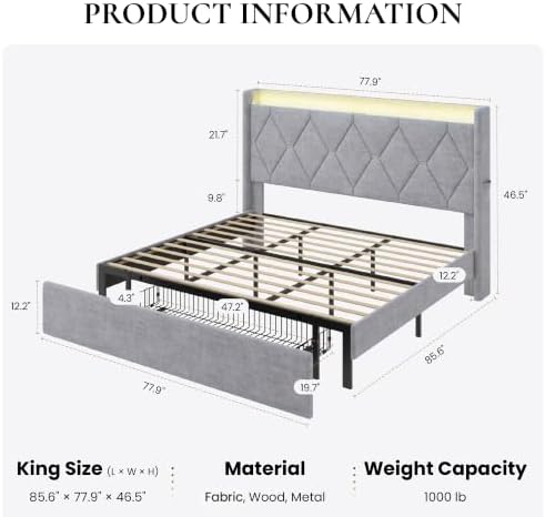 SHA CERLIN King Size Bed Frame with Storage Drawer & LED Lights, Grey