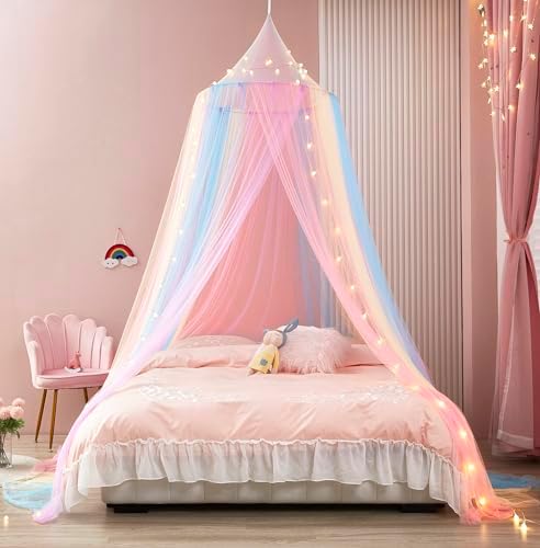 Rainbow Bed Canopy with Lights - Mosquito Netting for Twin, Single, Full, Queen & King Size Beds - Decor for Girls' Rooms