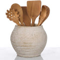 Briful Utensil Holder for Kitchen Counter, 7.4" Rustic Ceramic Vase Crock Decor, Beige Crocks Pottery Jar, Distressed Antique Storage Organizer for Modern Farmhouse, Cooking Tools Spoon Ladle