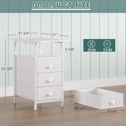sthmec End Table with Charging Station,LED Side Tables with USB Ports and Outlets,Narrow Nightstands Bedside Tables with 3 Drawers PU Finish for Small Space,Slim Sofa Table for Livingroom,White