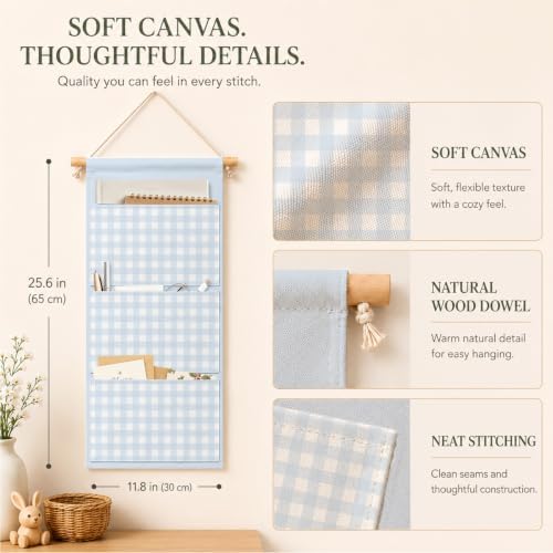 IAXIC Blue Gingham Wall Hanging Organizer, Canvas Storage for Nursery