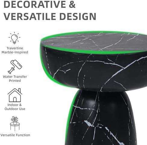 Faux Marble Side Table Black, 24Inch Outdoor End Table
