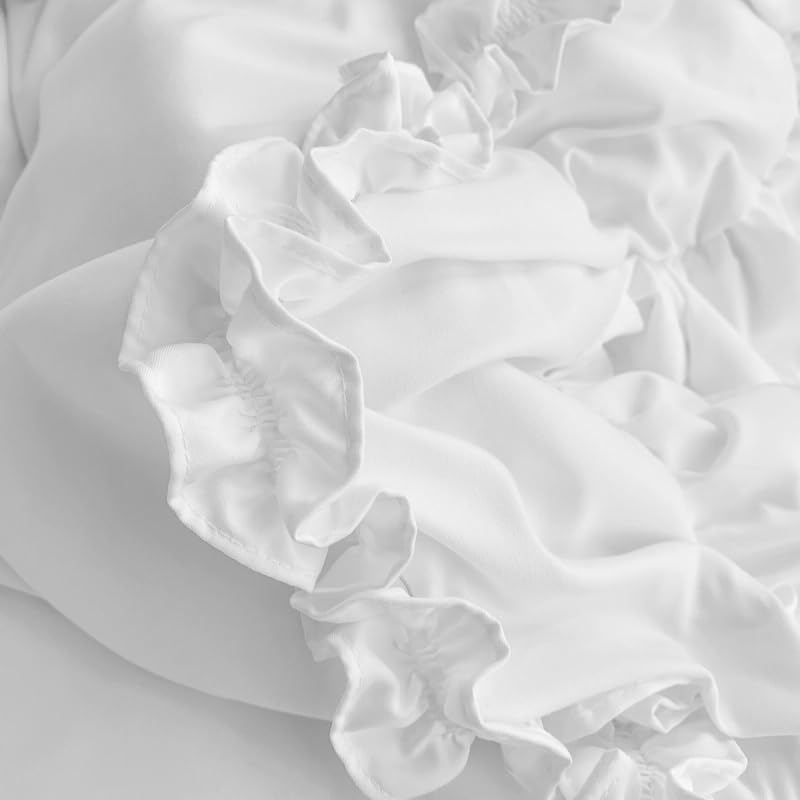Chic Lace Bedding,Girls Twin Aesthetic Comforter Cover Set,Cute Princess Style Ruffled Duvet Cover with 2 Layers Ruffles, Zipper Closure-White,Twin