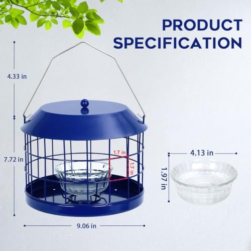 Gbekery Bluebird Feeder for Mealworms with Glass Bowl for Outdoors, Blue