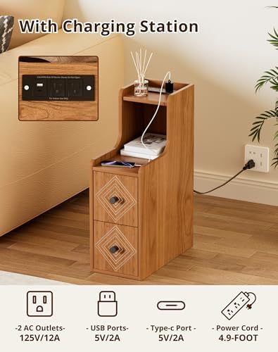 Narrow End Table Set of 2 with Charging Station, Walnut Skinny Bedside Tables with Storage Drawers, Small Side Tables for Small Spaces, Bedroom