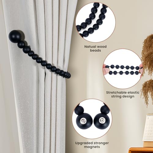 KLOGTSIND Magnetic Curtain Tiebacks, 6 Pack Wood Bead Curtain Holdbacks