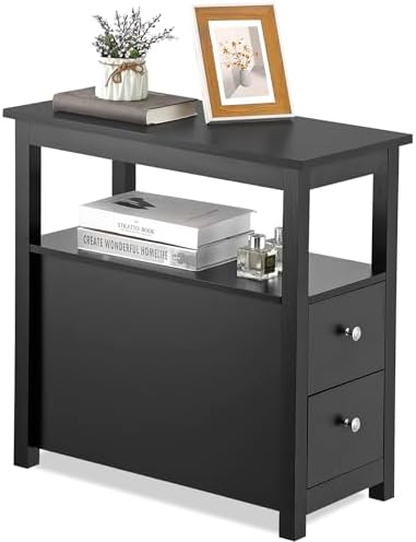 SUPER DEAL End Table with Drawers 3 Tier Narrow Side Table Wood Sofa Table for Living Room Bedroom Office Small Spaces, 23.6 x 24.1 inch, Black