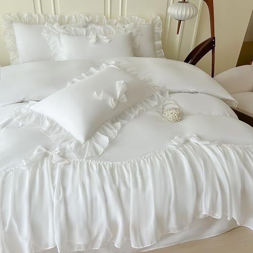 SOUKECHY Ruffled Bedding Bow Duvet Cover Set with Butterfly Tie, Soft Brushed Microfiber Shabby Chic Bedding Set with Zipper Closure-White,Queen