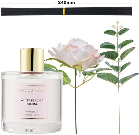 Cocorrína Flower Reed Diffuser - White Peach& Oolong 6.7oz Scented Diffuser with Sticks Home Fragrance Essential Oil for Bathroom Shelf Decor (Artificial Flower)