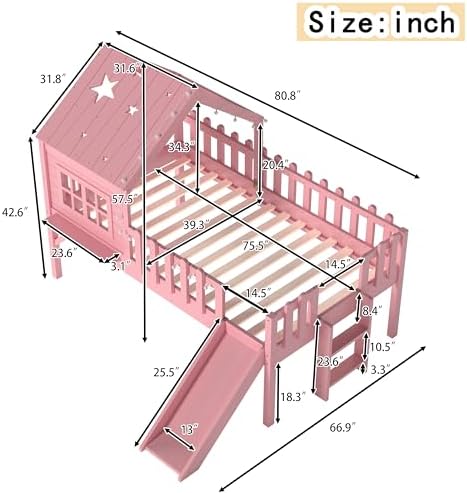 Bellemave Twin Loft Bed with Slide and Ladders, Solid Wood Low Loft Bed with Tray, Lights, Playhouse Roof, House Loftbed Frame for Kids, Boys, Girls, Childlike and No Box Spring Needed Design, Pink