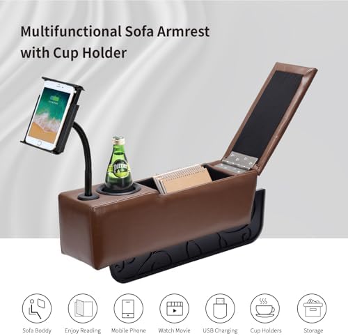 Sofa Armrest with Cup Holder, PU Leather Multifunctional Couch Arm Rest Insert, Removable Couch Caddy with Storage, Equipped with LED Reading Light & Wireless Charge Stand