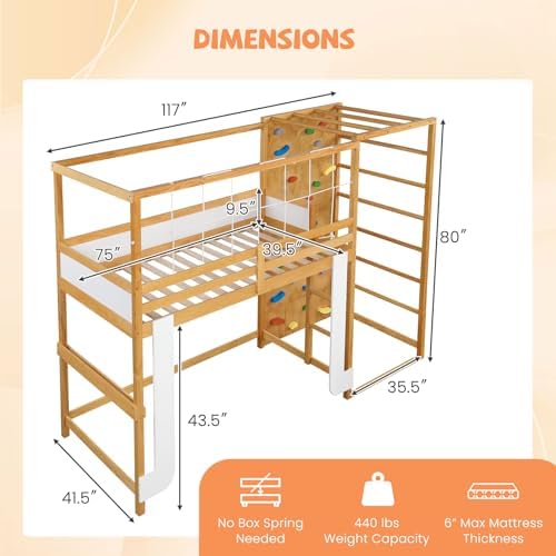 GIANTEX Twin Bunk Bed with Jungle Gym, 4-in-1 Wooden Loft Bed with Climbing Ladder, Rock Wall & Monkey Bar, Montessori Playhouse Bed with Full Length Guardrail & Wood Slat Support for Kids (Natural)