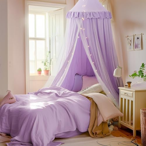 little dove Bed Canopy for Girls with Star Lights, 25.6''x 106'', Purple