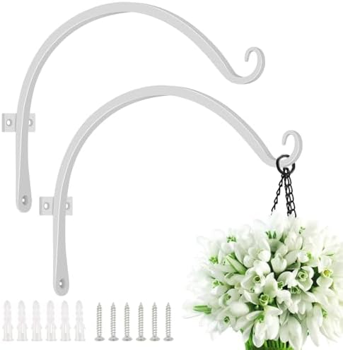 FEED GARDEN Heavy Duty Plant Hooks - 2 Pack 12 Inch Wall Mounted Hanging Brackets, 57lb Capacity Steel Plant Hangers for Bird Feeders, Baskets, Wind Chimes Outdoor Indoor- White