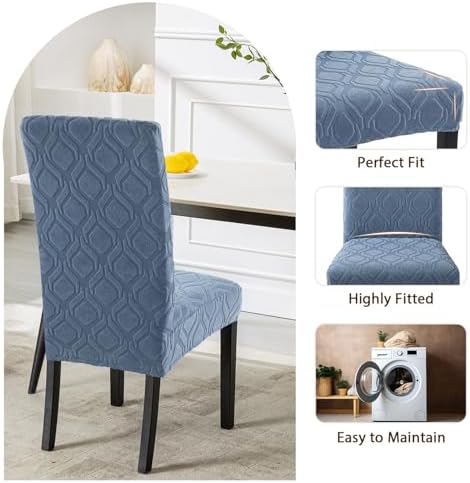 SearchI Dining Room Chair Covers Set of 4, Stretch Jacquard Parsons Chair Slipcovers Spandex Removable Washable Kitchen Chair Protector Cover for Dining Room, Hotel, Ceremony (Gray-Blue Geometric)