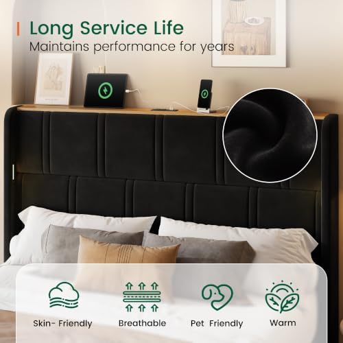 LARMACE 55.1" Tall Headboard Queen Size Bed Frame, 2 Reading Lights, Black