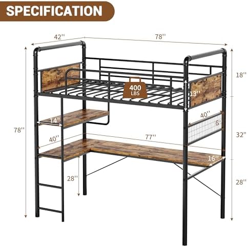 GarveeHome Loft Bunk Bed with L-Shaped Desk, Industrial Twin Loft Bed,Brown