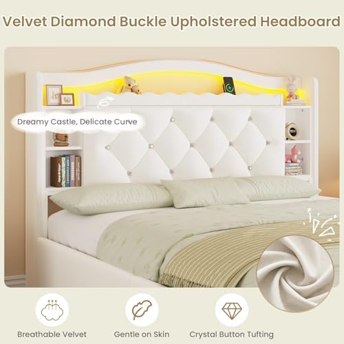 DICTAC Full Size Bed Frame for Kids with 4 Storage Drawers, Bookcase Headboard, LED Lights and Power Outlets, Diamond Tufted Velvet Upholstered Princess Platform Bed, Heavy-Duty Metal Support, Beige