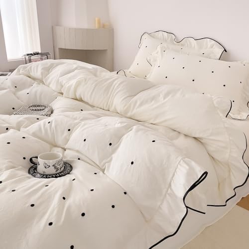 AOJIM Cottagecore Beige Polka Dot Duvet Cover King, 3-Piece Chic Vintage Ruffled Bedding Set - Super Soft Breathable Washed Microfiber Comforter Cover with Zipper Closure & 2 Pillowcases, Easy Care
