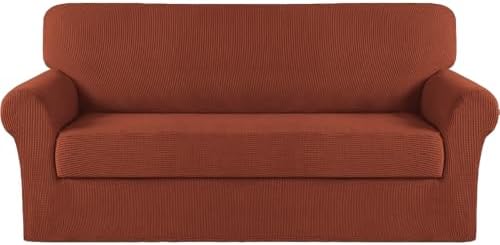 Turquoize Stretch Sofa Slipcover 2 Pieces Sofa Cover Couch Cover for 3 Cushion Couch Washable Furniture Protector Covers with Elastic Bottom Feature Thick Jacquard Fabric (Sofa, Rust)
