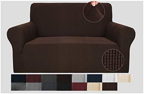 JIVINER High Stretch 1-Piece Jacquard Small Checks Couch Covers for 2 Cushion Couch Anti Slip Love Seat Sofa Covers Loveseat Slipcovers Protector for Kids Pets (Loveseat, Coffee)