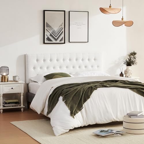 Tufted Upholstered Headboard Queen Size, Adjustable Height 37- 51 in, White