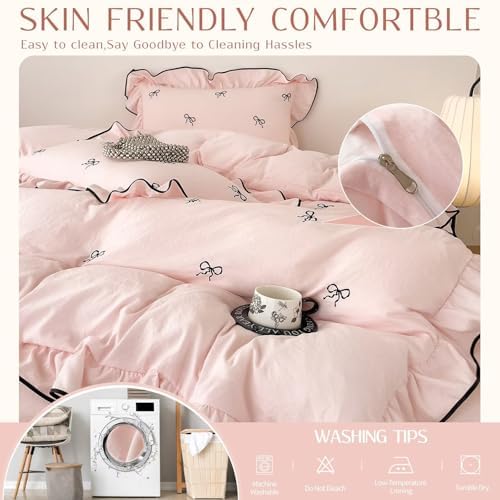 Pink Duvet Cover Set Full Size,3 Pcs 1 Duvet Cover with 2 Pillowcases,Cute Bedding Set for Teen Girls,Chic Coquette Brushed Washed Soft Comforter Quilt Covers for All Seasons 80"×90"