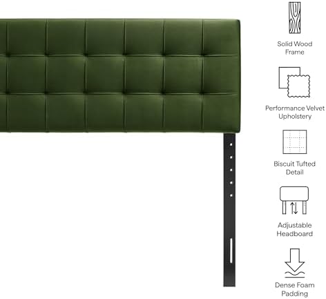 Modway Lily Performance Velvet Queen Size Headboard with Biscuit Tufting in Moss Green - Stain-Resistant Upholstery with Padded Design and 5 Height-Adjustable Mounts