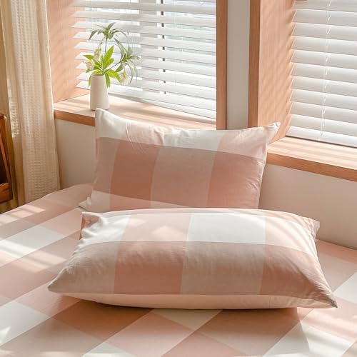 AOJIM Pink Buffalo Plaid Duvet Cover Set King Size 100% Washed Cotton Zipper Bedding Set 3 Piece, Soft Checkered Comforter Cover and 2 Pillowcases Vintage Farmhouse Girls Women Bedding Duvet Cover