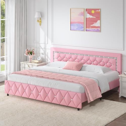 King Bed Frame with Diamond Headboard, Upholstered Platform Bed, Pink