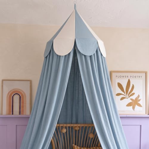 Bed Canopy with Scalloped Edge, 2 Panel Striped, Blue