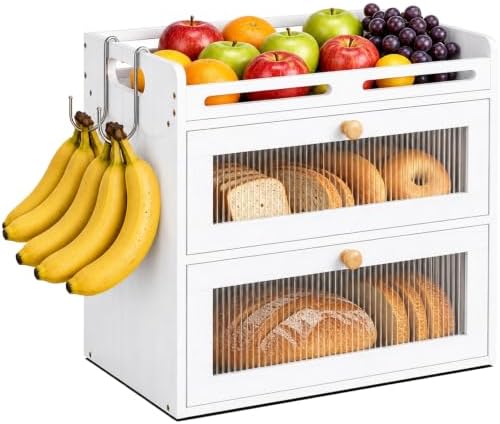 Bread Box for Kitchen Countertop, 2-Tier Bamboo Storage with Raised Shelf