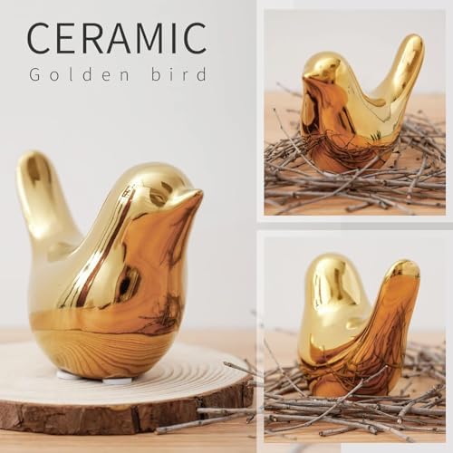 2 Ceramic Bird Figurines, Gold Bird Statues for Shelf and Bookshelf Decor