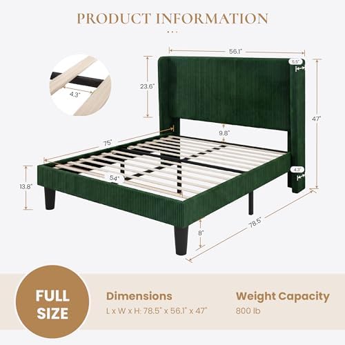 SHA CERLIN Full Corduroy Platform Bed with Tufted Wingback Headboard, Green