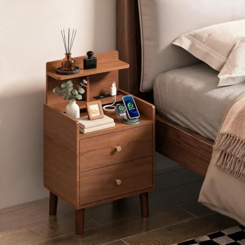 PARTPHONER Mid-Century Modern Small Nightstand with Charging Station, 15.4" Wide Narrow Side Bedside Table with 2 Drawers, Storage Shelf End Table for Bedroom, Living Room